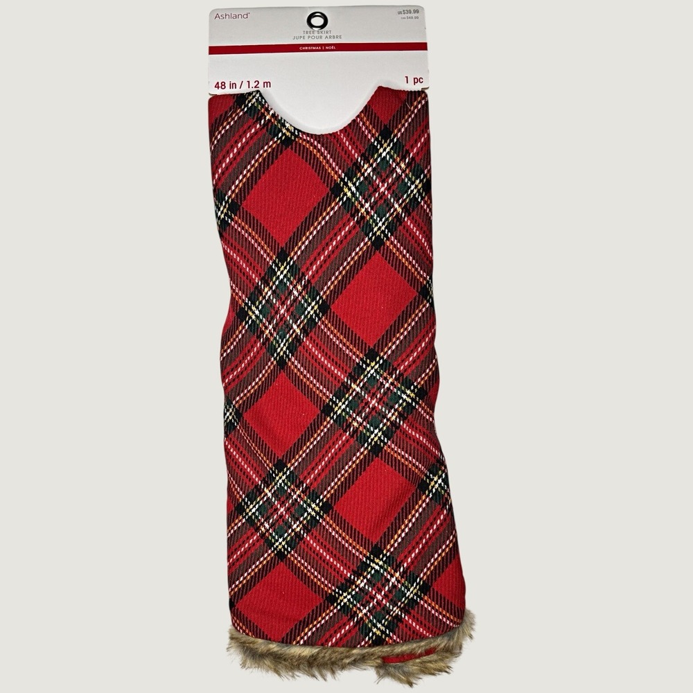 Ashland Christmas Plaid Tree Skirt 48 in Round Red/Green with Faux Fur Trim